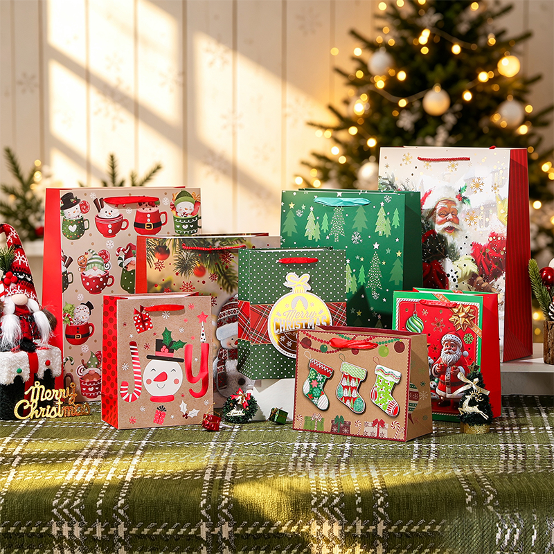 Sac cadeau en papier kraft imprimé de Noël décoratif saisonnier