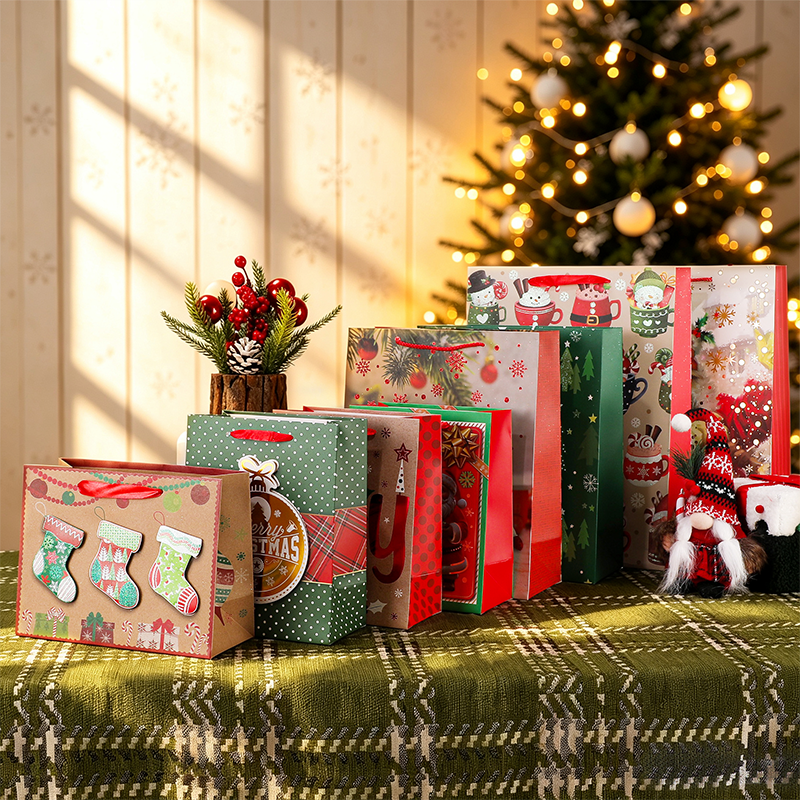Sac cadeau en papier kraft imprimé de Noël décoratif saisonnier